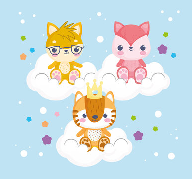 stuffed animls on clouds