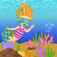 Cartoon little girl wearing diving mask swims underwater