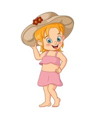 Obraz na płótnie Canvas Cartoon little girl wearing swimsuit and hat