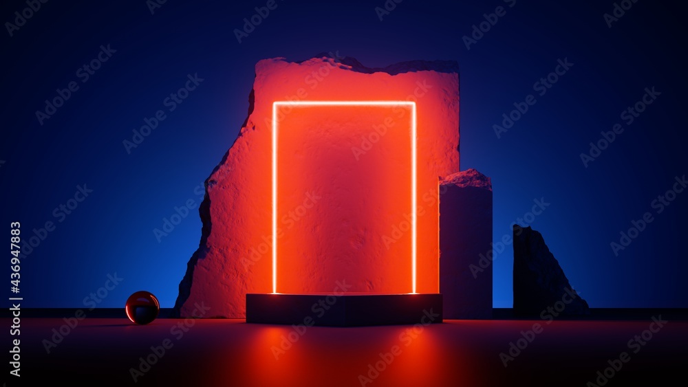 Poster 3d render, abstract minimal blue background with red neon glowing square frame and cobblestone ruins