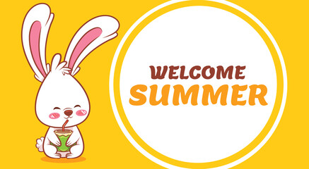 cute bunny holding a young coconut with a summer greeting banner.