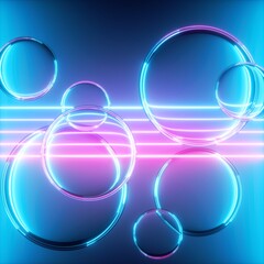 3d render, abstract background with glowing geometric shape and glass balls, clear bubbles and laser pentagon