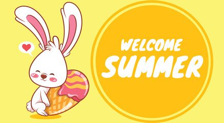 Obraz na płótnie Canvas cute bunny hugging ice cream with a summer greeting banner.