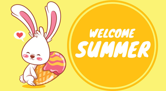 cute bunny hugging ice cream with a summer greeting banner.
