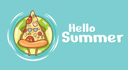 cute pizza slice floating relax with a summer greeting banner
