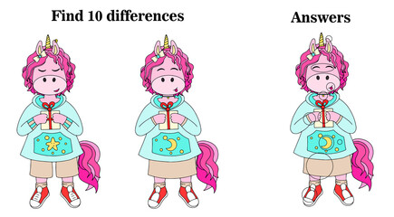 Vector illustration with a cute unicorn for kids, find 10 differences