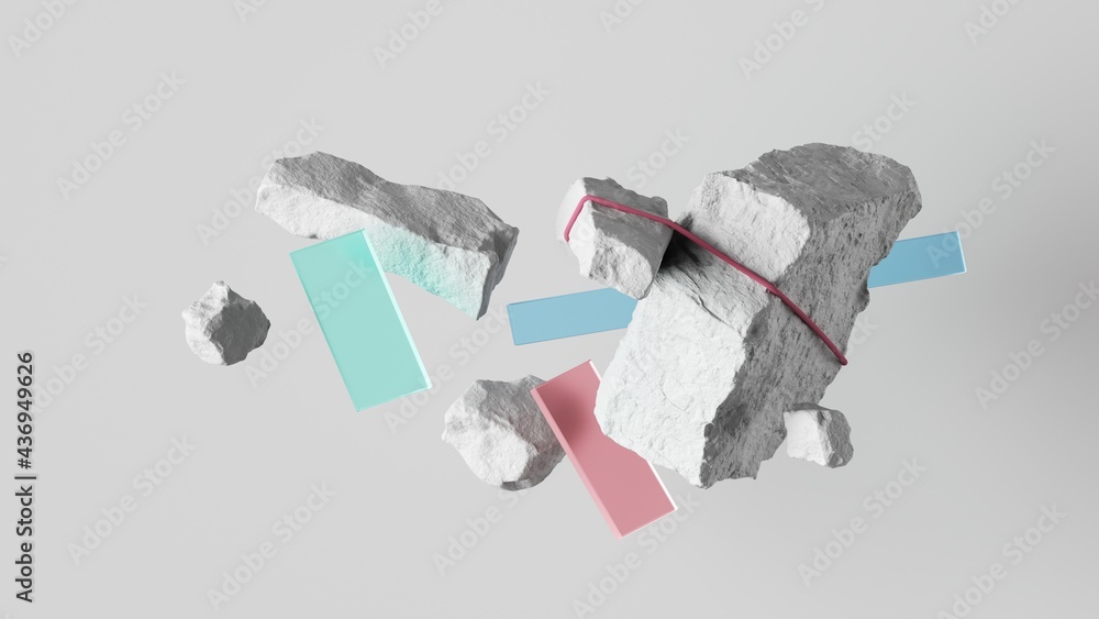 Poster 3d render, abstract background with white cobblestone blocks tied with strings. modern minimal insta