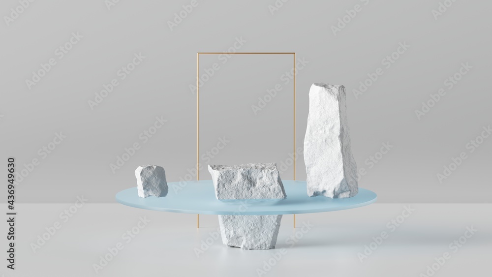 Poster 3d render, abstract background with white cobblestone ruins, broken rocks and golden frame. modern m
