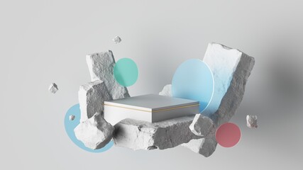 3d render, abstract background with white broken cobble stones, ruins and colorful glass blocks levitating. Modern minimal showcase with empty podium for product presentation
