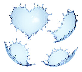 3d render, collection of water splash elements. Heart shape splashing blue liquid clip art isolated on white background