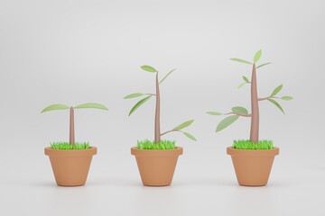 Tree growth diagram. Set of with phases plant growth isolated on white background. 3D rendering