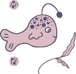 Doodles pretty spotted anglerfish. Hand drawn vector illustration. Design for T-shirt, textile and prints.
