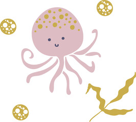 Drawing lovely marine octopus and seaweed. Hand drawn vector illustration. Design for T-shirt, textile and prints.
