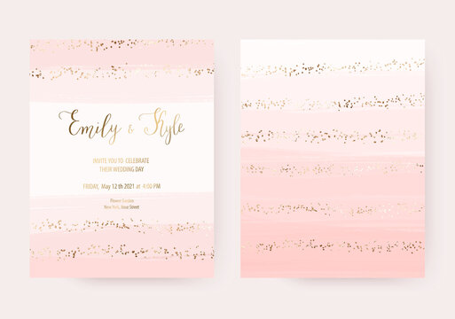 Wedding invitation cards with gold glitter dots and pink watercolor stripes.