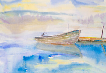 Fototapeta premium Watercolor drawing wooden boat on a sunset background
