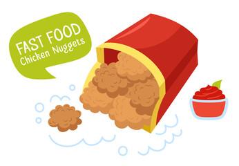 Chicken Nuggets and ketchup tomato sauce. Fast food cartoon ketchup and speech bubble. Menu card delicious fast food, tasty unhealthy lunch. Design for menu, poster or label. Hand drawn vector