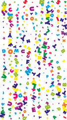 Falling letters of English language. Bright flying words of Latin alphabet. Foreign languages study concept. Overwhelming back to school banner on white background.