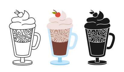Coffee glass goblet cartoon set. Line icon, black glyph trendy style cup. Doodle flat cups tableware hot drink icon. Drinks with foam, branding and cafe label. Vector illustration