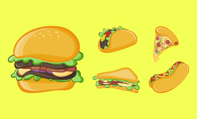 Set of Junk Foods: Hamburger, taco, pizza, sandwich, and hot dog isolated on yellow background.
