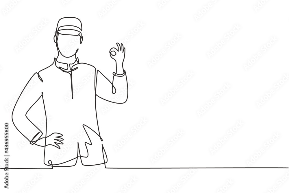 Aufkleber single continuous line drawing hotel doorman in neat uniform with gesture okay. serve guests friendl