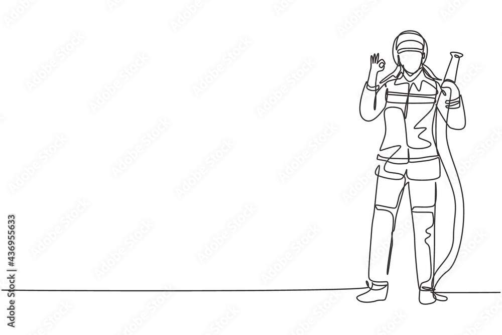 Poster single one line drawing firefighters stood wearing helmets and uniforms complete with gesture okay w
