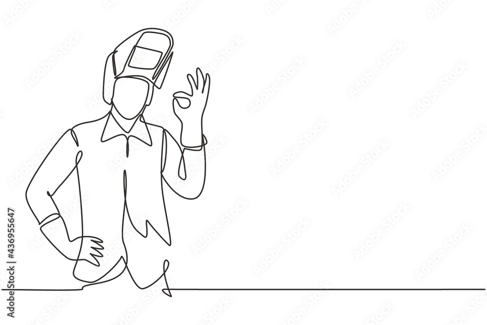 Poster single continuous line drawing welder with gesture okay works in the construction of building formin