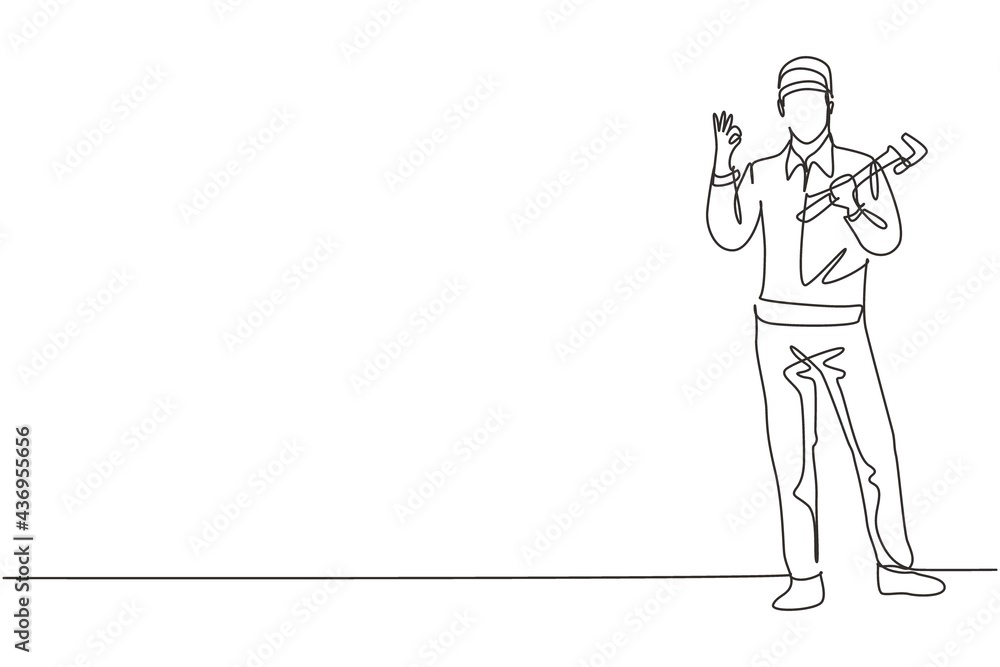 Poster continuous one line drawing plumber stands with gesture okay and holding carpentry tool fixing broke