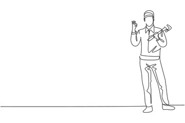 Continuous one line drawing plumber stands with gesture okay and holding carpentry tool fixing broken plumbing at home. Success business concept. Single line draw design vector graphic illustration