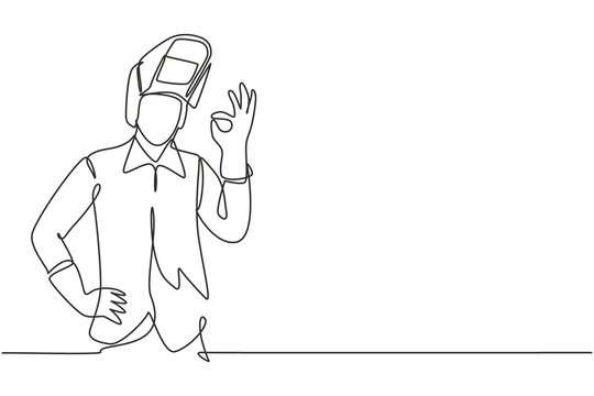 recommend clip art: Single continuous line drawing welder with gesture okay works in the construction of building forming steel frame that is melted by fire. Dynamic one line draw graphic design vector illustration