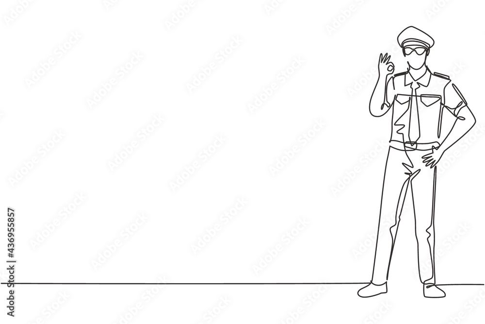 Poster continuous one line drawing pilot stands with gesture okay and complete uniform serves airplane pass