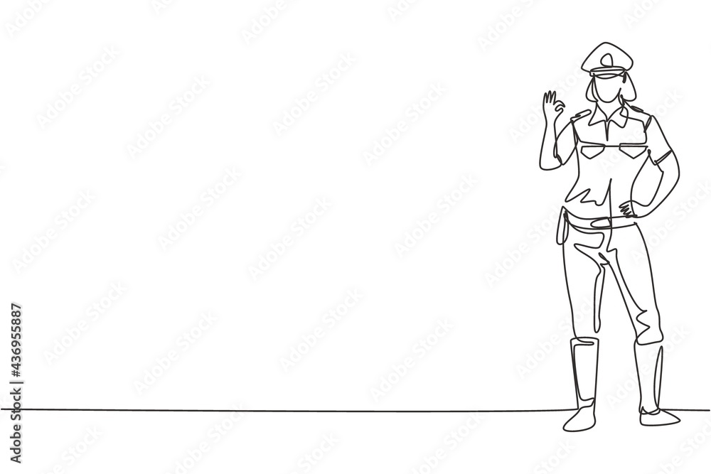 Poster single continuous line drawing policewoman standing with gesture okay and full uniform works to cont