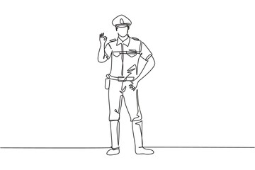 Continuous one line drawing policeman standing with gesture okay and full uniform works to control vehicle traffic on highway. Standby on patrol. Single line draw design vector graphic illustration