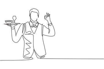 Single one line drawing of waiter with gesture okay and brought a tray of drinking glasses serving visitors at cafeteria. Successful job. Modern continuous line draw design graphic vector illustration