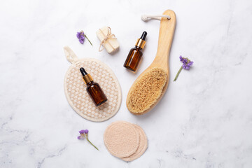 Natural spa, wellness composition with natural products and reusable bathroom tools on marble background. Zero waste concept - 436955850