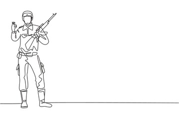 Single continuous line drawing Soldier stands with weapon, full uniform, and gesture okay serving the country with strength of military forces. Dynamic one line draw graphic design vector illustration