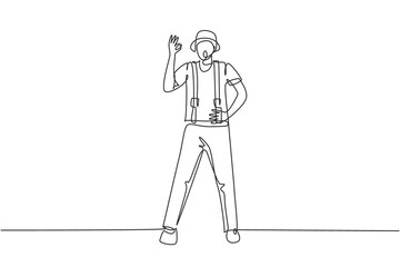 Obraz premium Single continuous line drawing mime artist stands with gesture okay and white face make-up makes audience laugh with silent comedy. Great show. Dynamic one line draw graphic design vector illustration