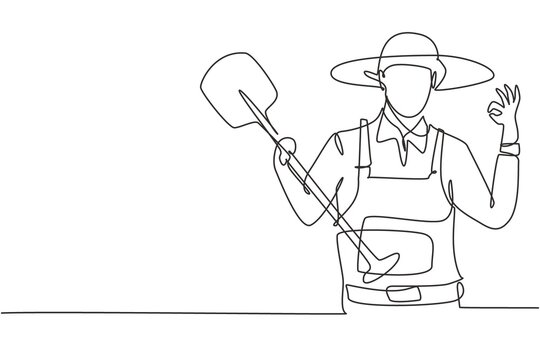 Single one line drawing of farmer with gesture okay wearing straw hat and carrying shovel to work on the farm. Success business concept. Modern continuous line draw design graphic vector illustration