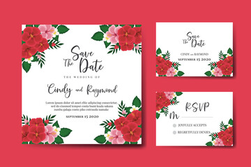 Wedding invitation frame set, floral watercolor hand drawn Red Hibiscus Flower design Invitation Card Template