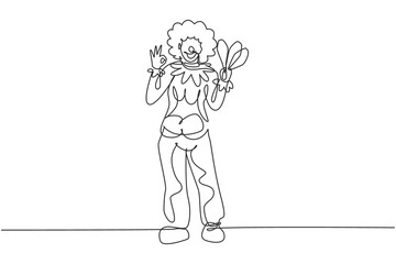 Continuous one line drawing female clown stands with gesture okay wearing wig and clown costume ready to entertain the audience in the circus arena. Single line draw design vector graphic illustration - obrazy, fototapety, plakaty