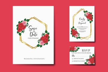 Wedding invitation frame set, floral watercolor hand drawn Red Hibiscus Flower design Invitation Card Template