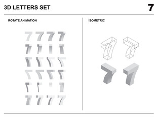 3d 7 Number Letters Set Animate Isometric Wireframe Vector