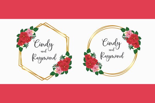 Wedding invitation frame set, floral watercolor hand drawn Red Hibiscus Flower design Invitation Card Template