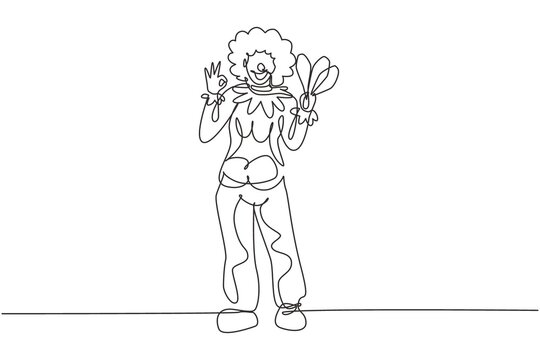 recommend clip art: Continuous one line drawing female clown stands with gesture okay wearing wig and clown costume ready to entertain the audience in the circus arena. Single line draw design vector graphic illustration