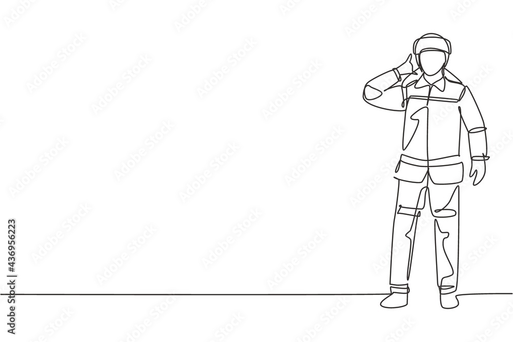 Poster continuous one line drawing firefighters stood with call me gesture, wearing helmets and complete un