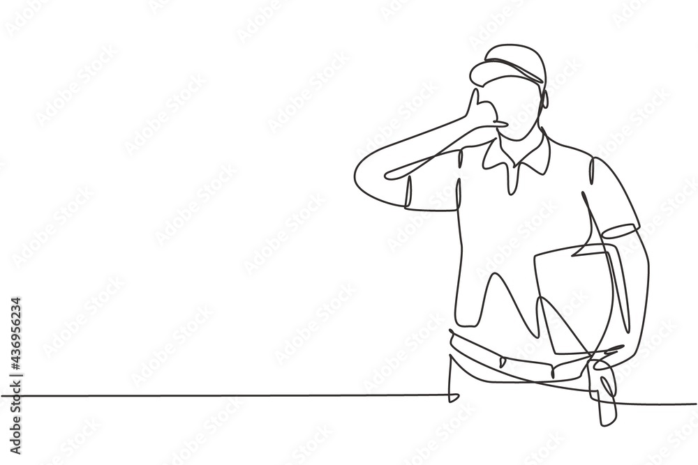 Poster single continuous line drawing deliveryman with call me gesture, carrying the package box to be deli