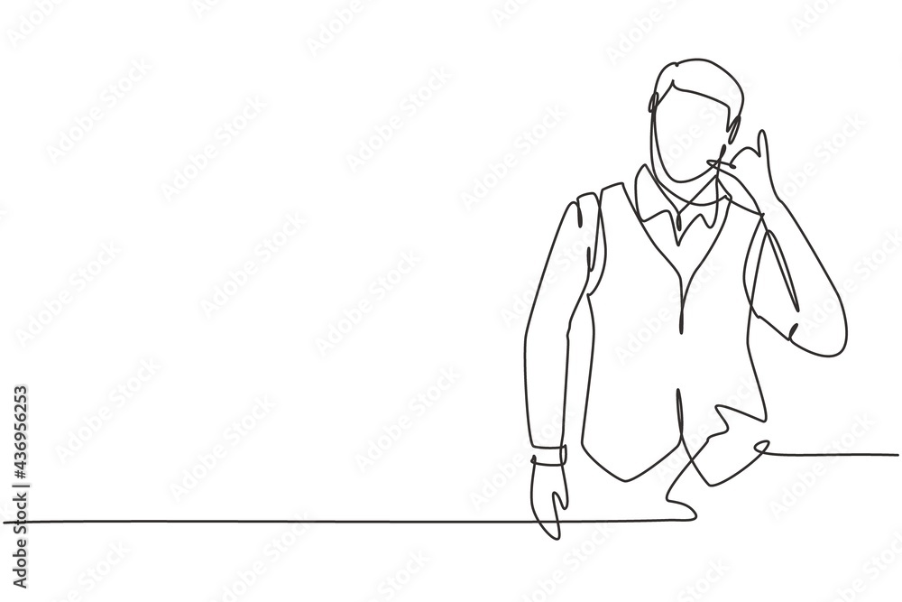 Poster continuous one line drawing steward with call me gesture ready to serve airplane passengers in a fri