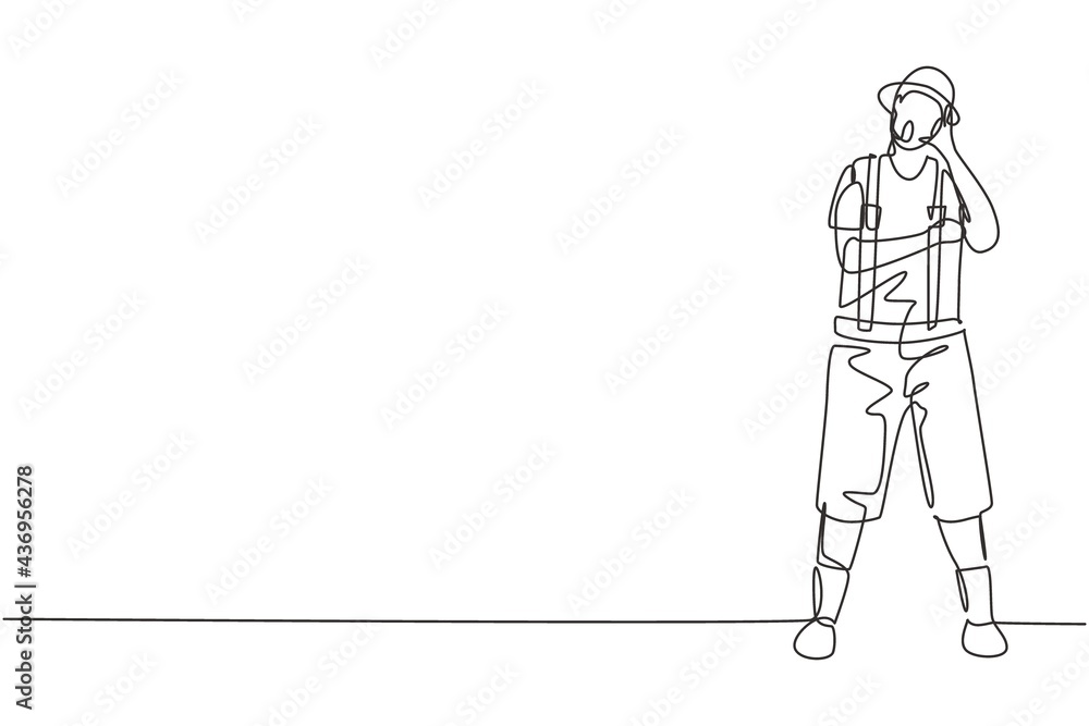 Poster single continuous line drawing mime artist stands with call me gesture and white face make-up makes 