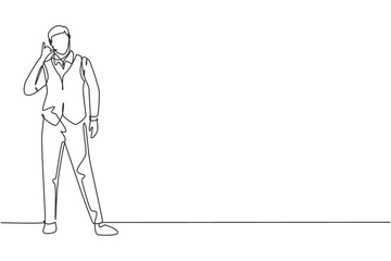 Single one line drawing steward stands in a uniform with call me gesture prepare at airport with the crew flying to their destination. Modern continuous line draw design graphic vector illustration