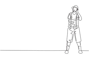 Single continuous line drawing mime artist stands with call me gesture and white face make-up makes audience laugh with silent comedy. Great show. One line draw graphic design vector illustration
