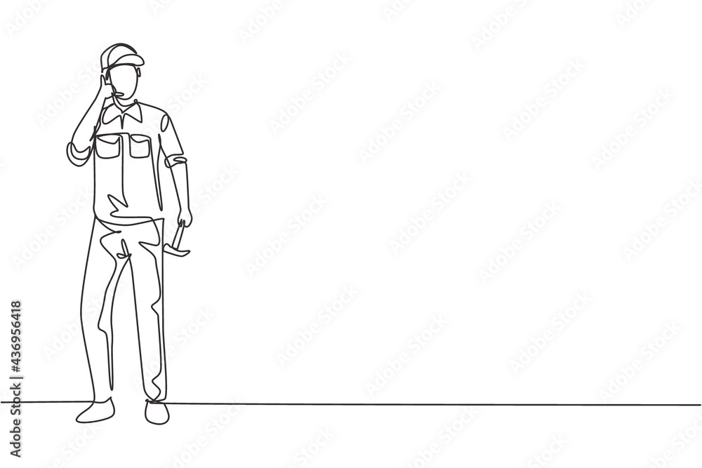 Aufkleber single continuous line drawing carpenter standing with call me gesture works for wood industry and m